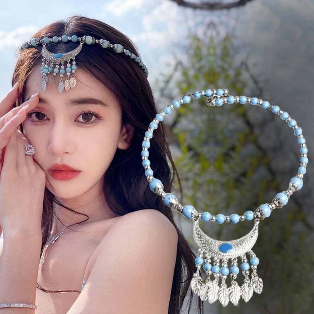 Nickolas1 Rantai Dahi Fotografi Niche Fringed Chain Headband Gaya Nasional Wanita Kalung