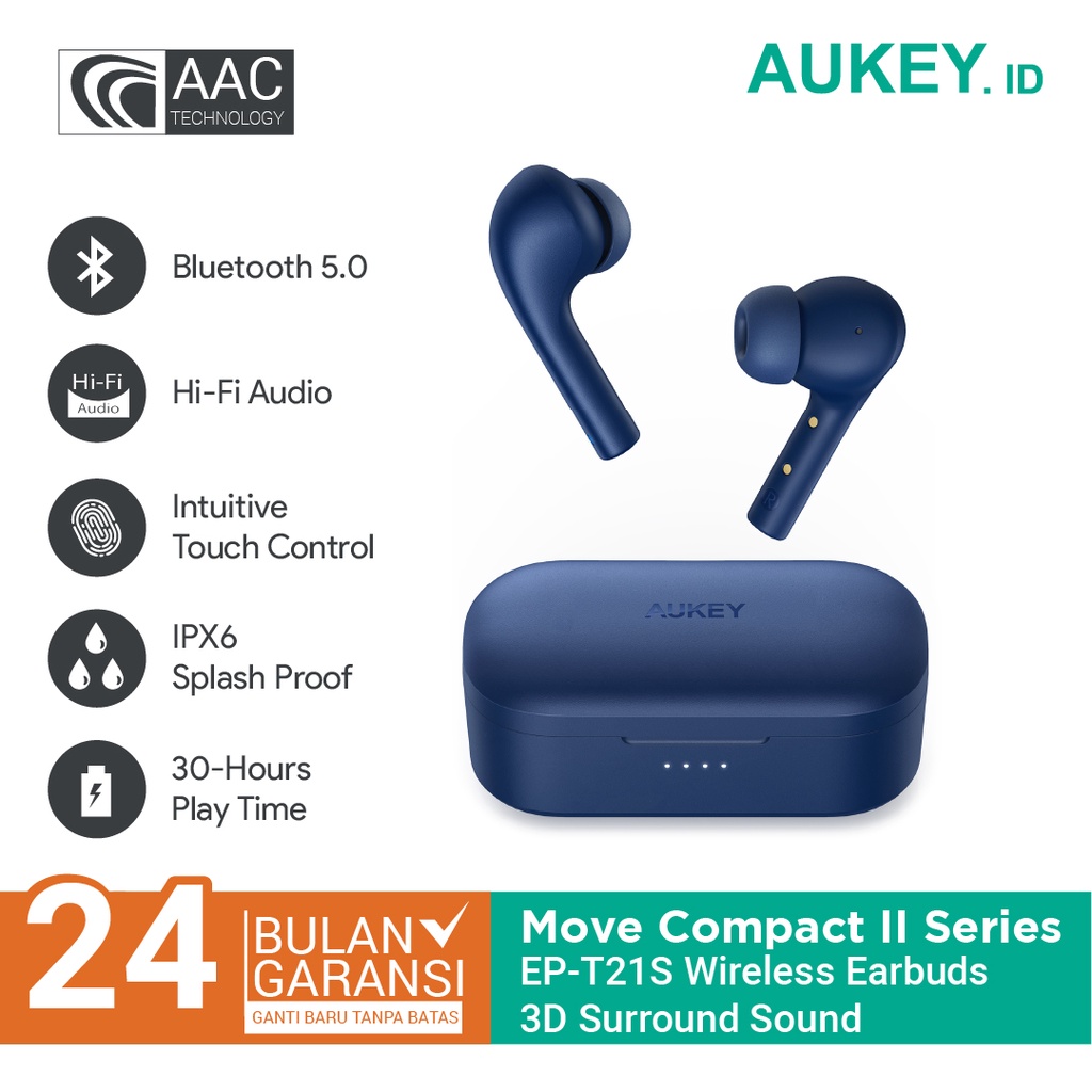 Aukey Headset /TWS Bluetooth EP-T21S Move Compact II 3D Surround Sound - Biru