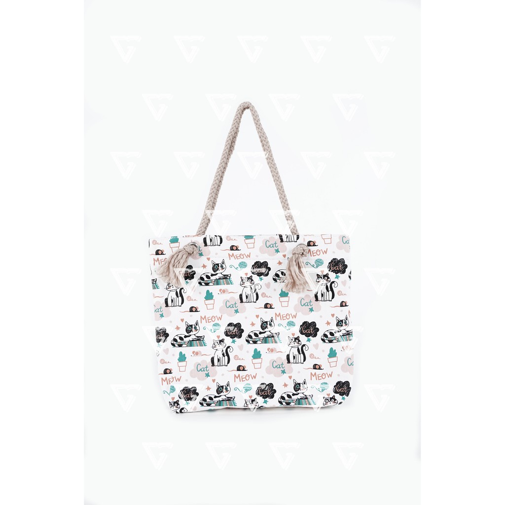 Tote Bag Kanvas Tali Sumbu - Tas Totebag Wanita Talisumbu Kanvas Motif Kucing Meow