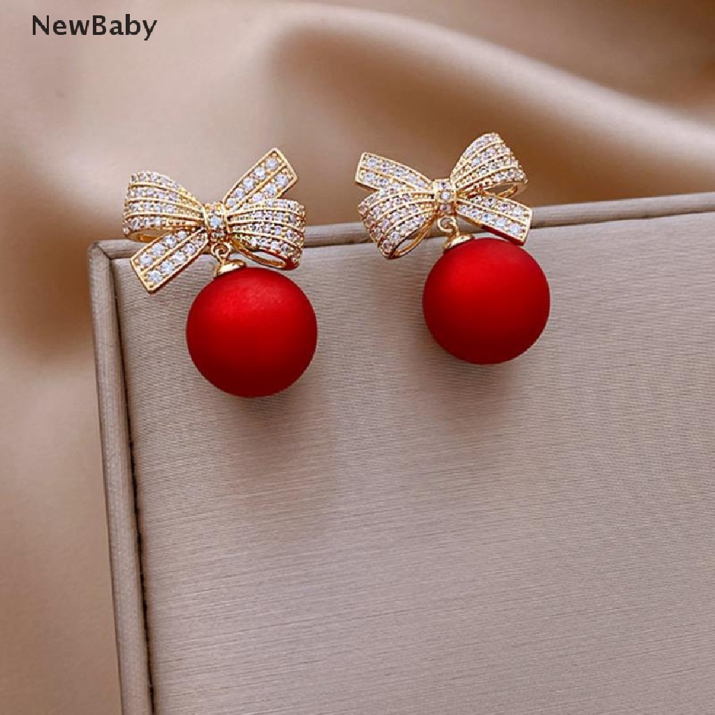 Anting Stud Desain Pita Aksen Mutiara Warna Merah Untuk Wanita