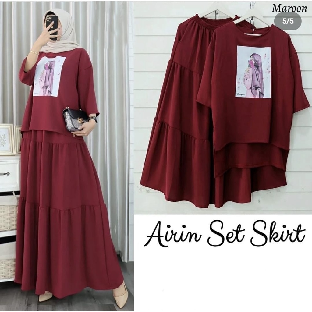 PCS SET AIRIN FASHION BUSANA SETELAN WANITA ATASAN DAN ROK BAHAN MOSCREPE MR