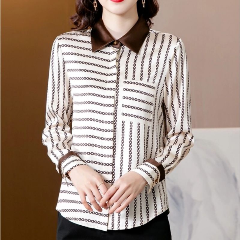 MDLV ~ 7122 Versania Hidden Button Shirt Women Line Shirt Premium Kemeja Garis Kemeja Satin Premium Kemeja Satin Lengan panjang Kemeja Casual Kemeja wanita Fashion Import