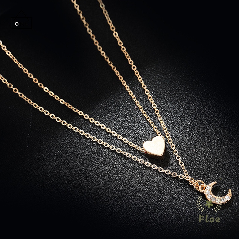 COD❤Kalung Rantai Multilayer Dengan Liontin Hati Dan Bulan Untuk Wanita A one