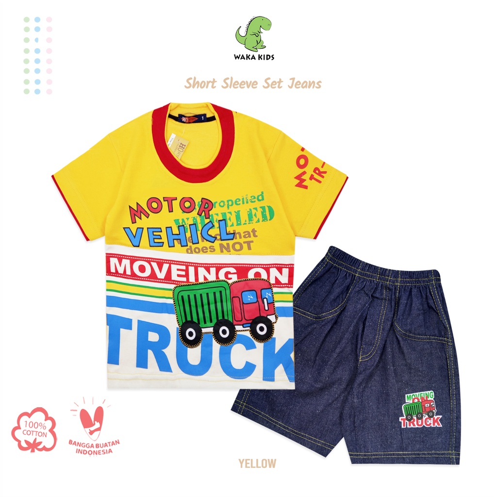 Wakakids Baju Anak Laki Laki Usia 1 - 4 Tahun Setelan Ce;ana Jeans Motif Truck Horton 2127-2