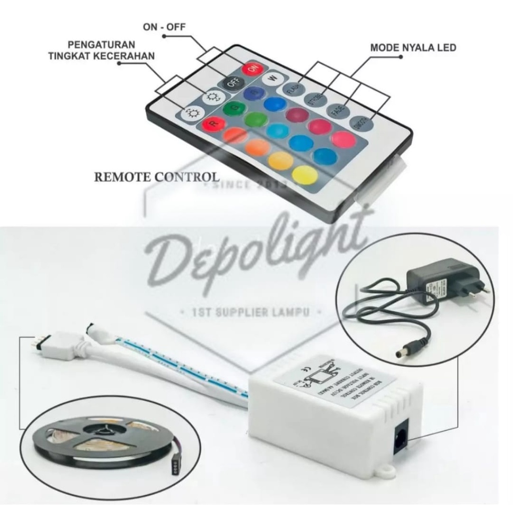 Lampu Strip LED RGB 5 meter Lengkap Adaptor + Remote