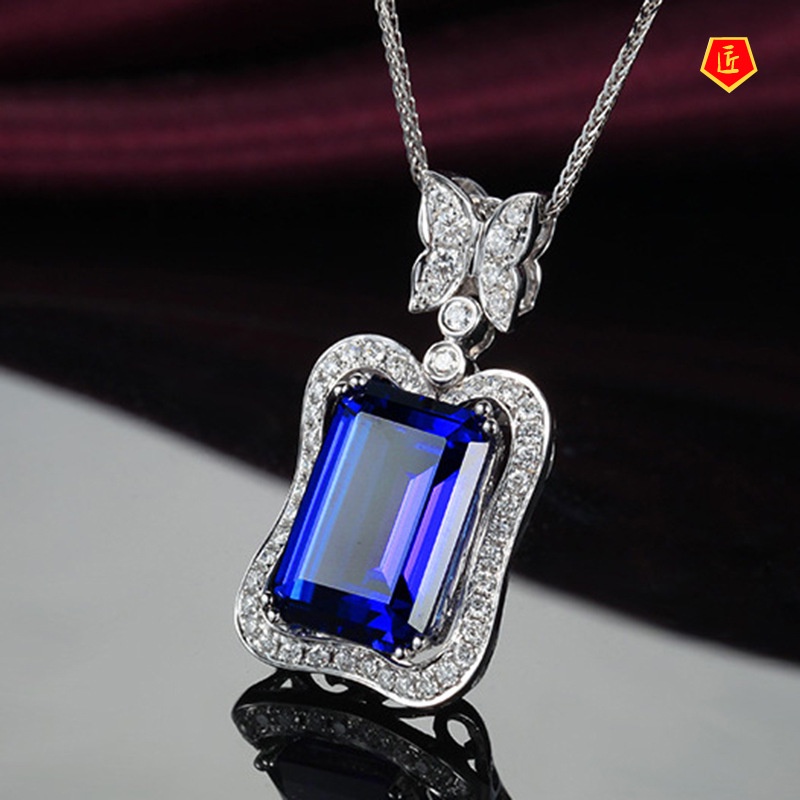 [Ready Stock]Luxury Diamond Micro-Inlaid Butterfly Rectangular Sapphire Pendant for Women