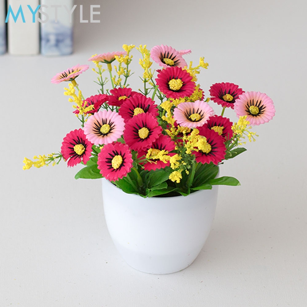 MYSTYLE VAS + BUNGA KRISAN 1 SET BUNGA HIAS MEJA POT HIASAN DEKORASI RUMAH BUNGA ARTIFICIAL-MERAH