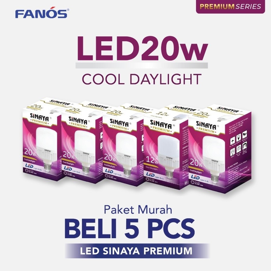 Sinaya Premium Lampu Led 20 Watt Paket 5 Pcs - Bohlam Murah 20W Isi 5 20Watt 20 W