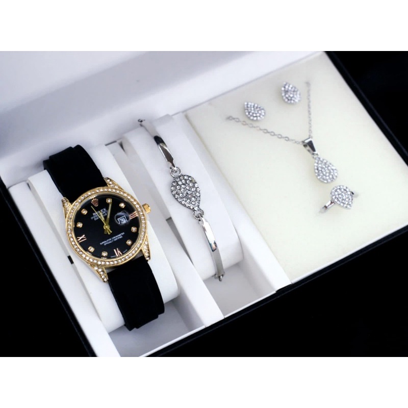 READYCOD✅ JAM TANGAN WANITA CEWEK ROLEX KARET GIFTSET ANTING KALUNG CINCIN GELANG JAM TANGAN TERBARU