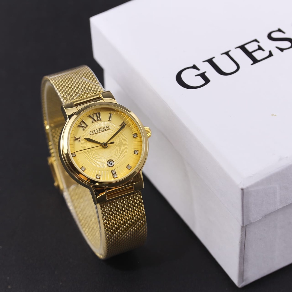 Jam Tangan Wanita Fashion E2903V Tali Rantai Pasir Tanggal Aktif Free Box Exclusive &amp; Baterai