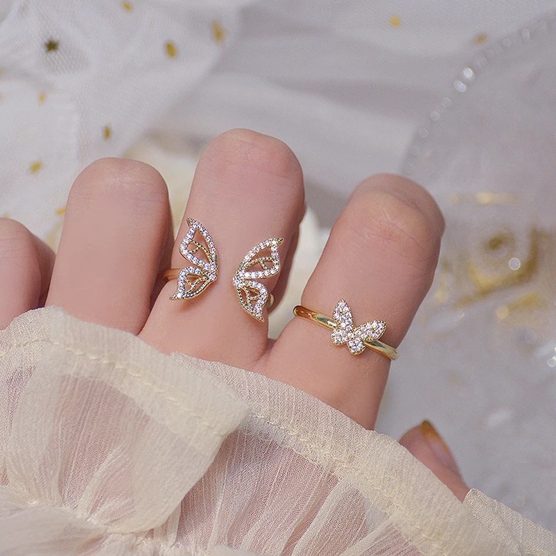 Cincin Model Terbuka Desain Kupu-Kupu Hollow Hias Zircon Gaya Korea Untuk Wanita