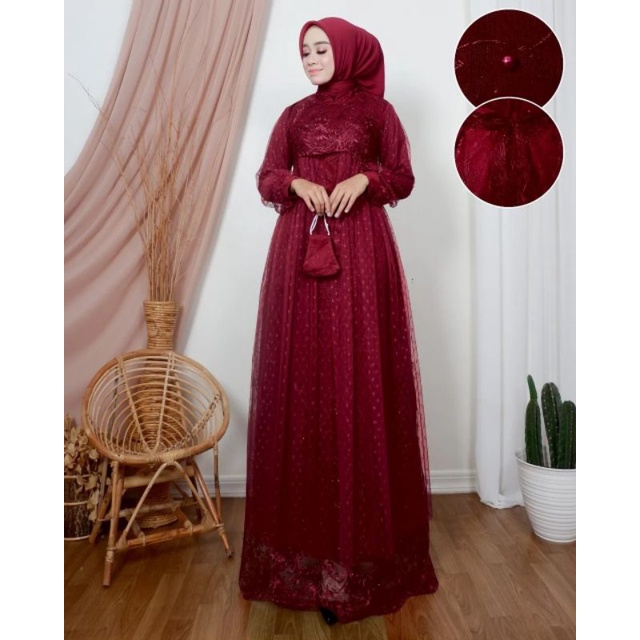 Gamis Tulle Mutiara komb Tulle dot, free masker