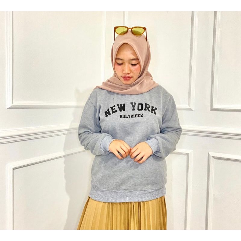 (READY BISA COD) CREWNECK SWEATER NEW YORK ABU ABU/GREY size L fleece halus keren