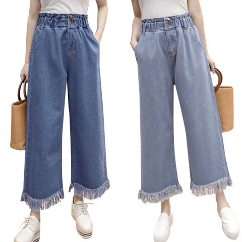 #Sisjuly# Jeans Wanita Sekolahan Pinggang Tinggi Elastis Celana Crop Flare Longgar