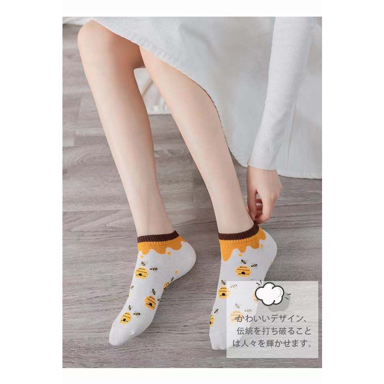 𝗘𝗕𝗦 ✅ KK021 Kaos Kaki (Tanpa Kemasan) Wanita Tipis Pendek Semata Kaki Motif Bunga Lebah Bee Kuning Fashion Korea Women Sock Import Murah