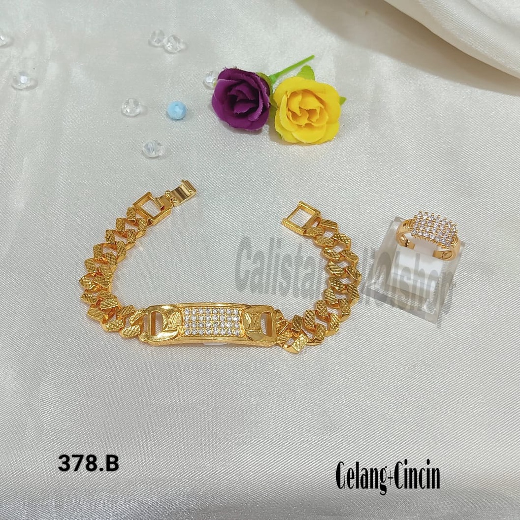 GELANG+CINCIN KOTAK BRAND PERMATA SUPEL ELEGAN PERHIASAN EMAS KOREA ANTI KARAT DAN ANTI LUNTUR