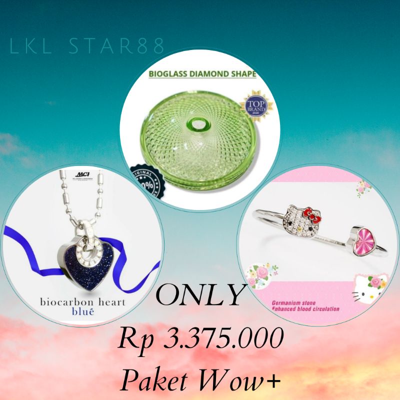 Paket Bioglass Diamond Shape D10 cm + Biocarbon Heart Blue + Bangle Hello Kitty ORI MCI