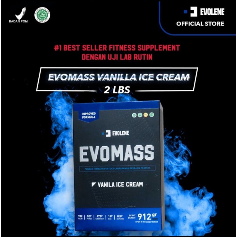 

Evomass gainer Evolene 2lbs (912 gram) Rasa: ice cream vanila. BPOM, HALAL,MUI.