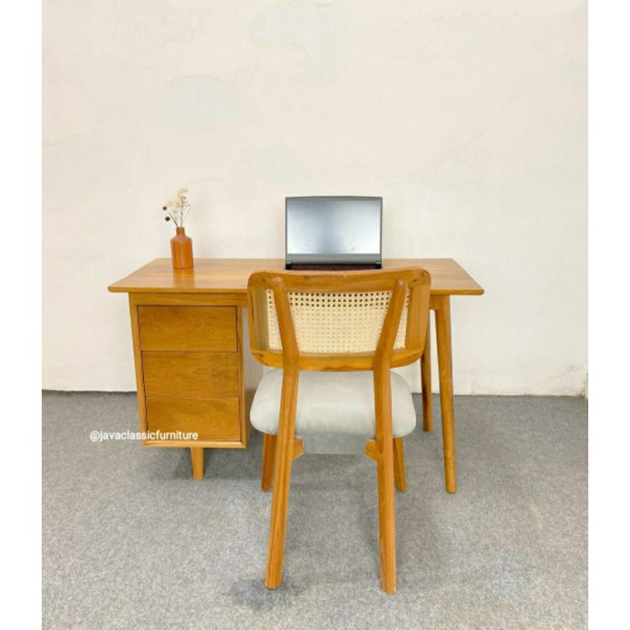 1 SET KURSI MEJA KERJA KANTOR MEJA LAPTOP KOMPUTER BELAJAR ANAK SEKOLAH MINIMALIS LACI 3 BAHAN KAYU JATI NATURAL VINTAGE MURAH-3