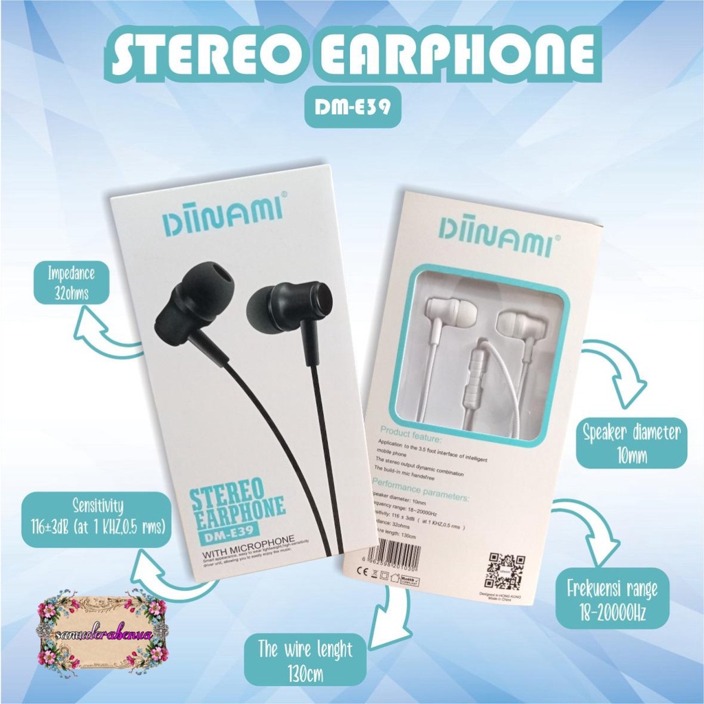 BM031 Headset DIINAMI E39 stereo Earphone Bass Android iPhone Original With MIC - Garansi 1 Tahun SB2583