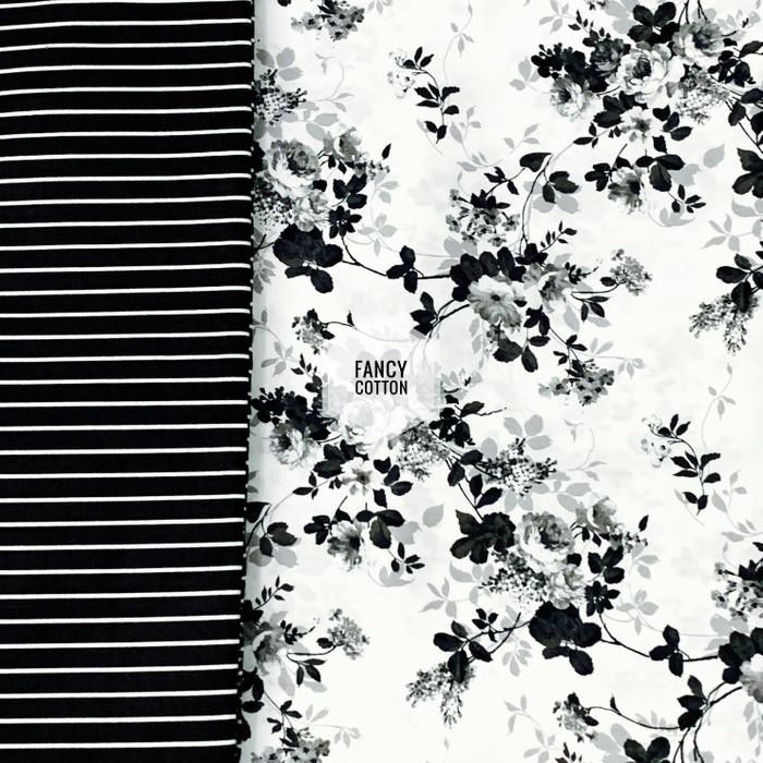 D4 Kain Katun Jepang Motif Bunga Hitam Cantik - Motif Salur