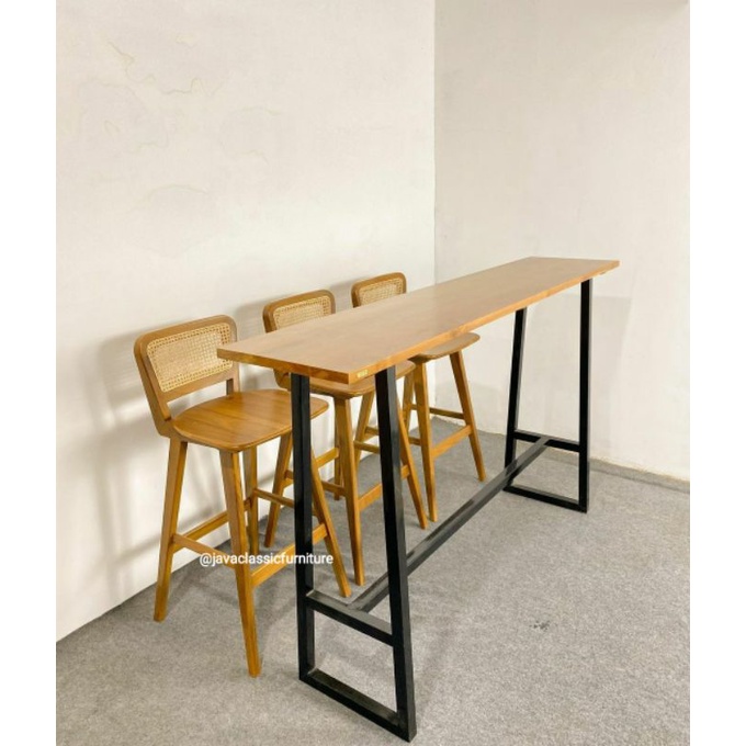 SET KURSI MEJA BAR COFFE KOPI ROTAN KAYU JATI SOLID KAKI BESI MINIMALIS VINTAGE STOOL TABLE CAFE MURAH-2