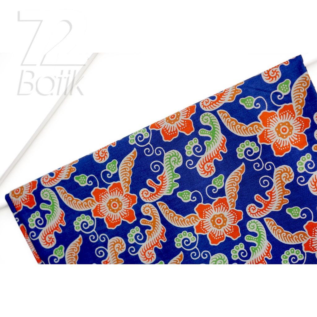 KAIN BATIK KATUN Premium Motif Kembang Warna Biru Orange Hijau 727998 Cap 72 Jarik Jarit Samping Kebat Panjang Batik Katun Modern Premium Bahan Seragam Batik Pernikahan Kantor Keluarga Murah Kamen Jadi Batik Bali Lembaran