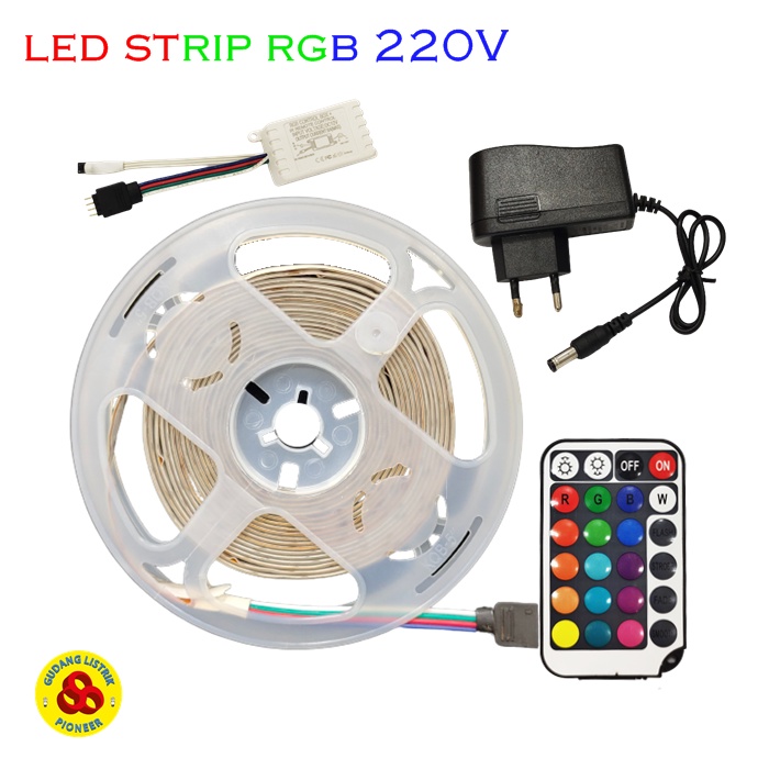 Led Strip RGB 2835 IP44 AC 220V + Adaptor Remote 5Meter Warna Warni