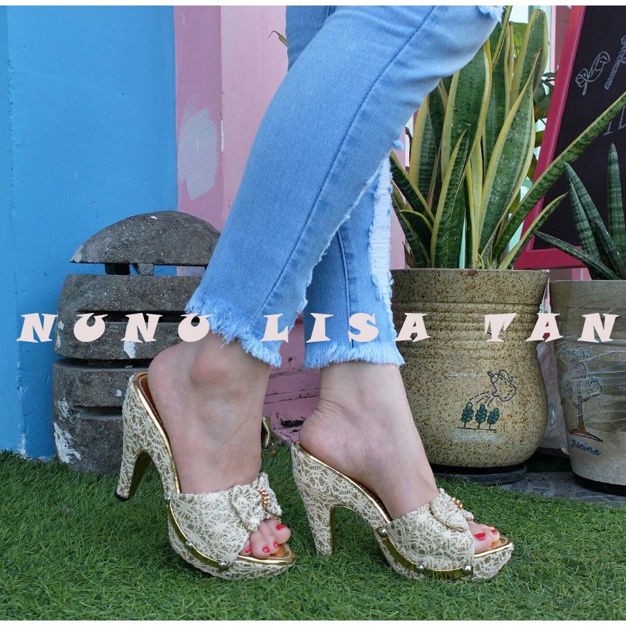 NunuLisaTan - Termurah High Heels Wanita Hak Tinggi 9cm Brukat Gliiter Pesta hitam cream