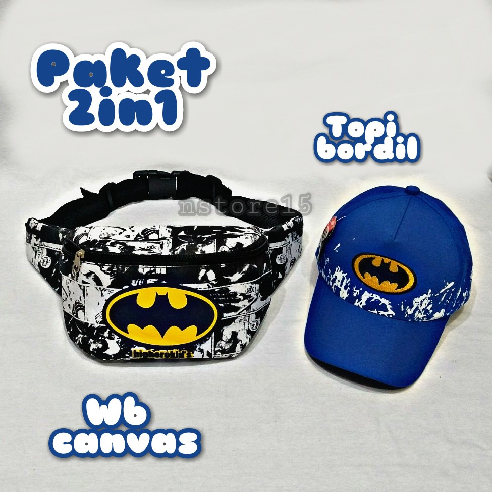 Waist bag anak laki laki, Wesbag Anak Laki Laki Motif Superhero Batman dan Topi Anak Laki Laki 2in1