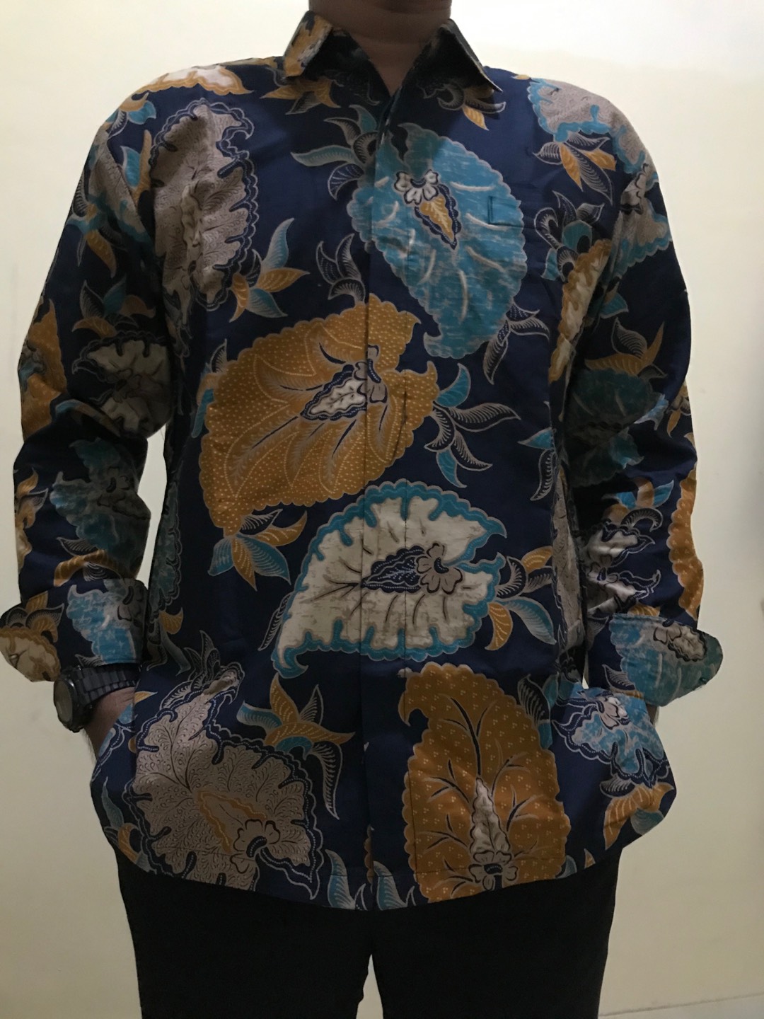 Dedaun Navy Panjang Kemeja Batik Pria Full Furing Bahan Katun Cabut Primisima