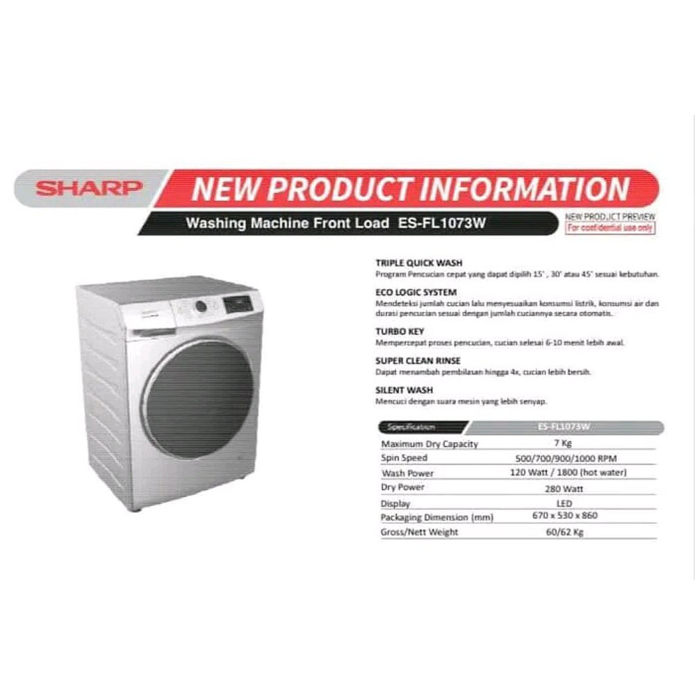 Sharp ES-FL1073W Mesin Cuci Front Loading 7 KG Resmi Silver ES-FL1073 Esfl1073 ESFL 1073W ESFL1073W