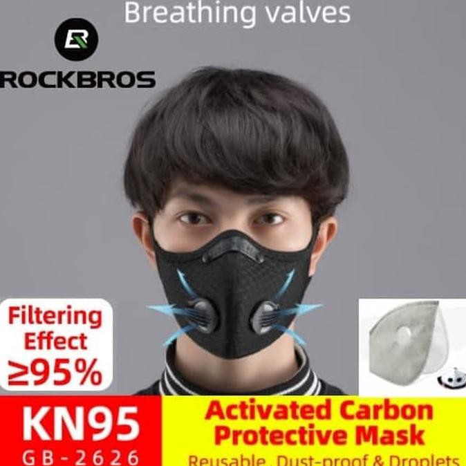 ( BISA COD ) Rockbros masker n95 Carbon Activated 5 lapis Air Valve Anti Virus KOMPLIT Kode 90