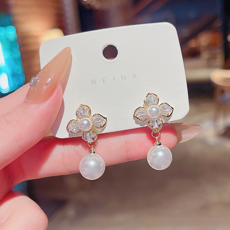 Shuling S925 Silver Needle Korean New Design Flower Zircon Earrings Female Pearl Tassel Earrings Fashion Drop Earrings