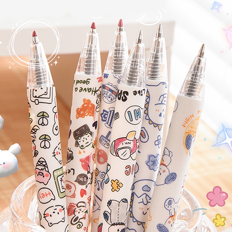 6pcs Pulpen Gel Tinta Hitam 0.5mm Retractable Desain Kartun Doodle