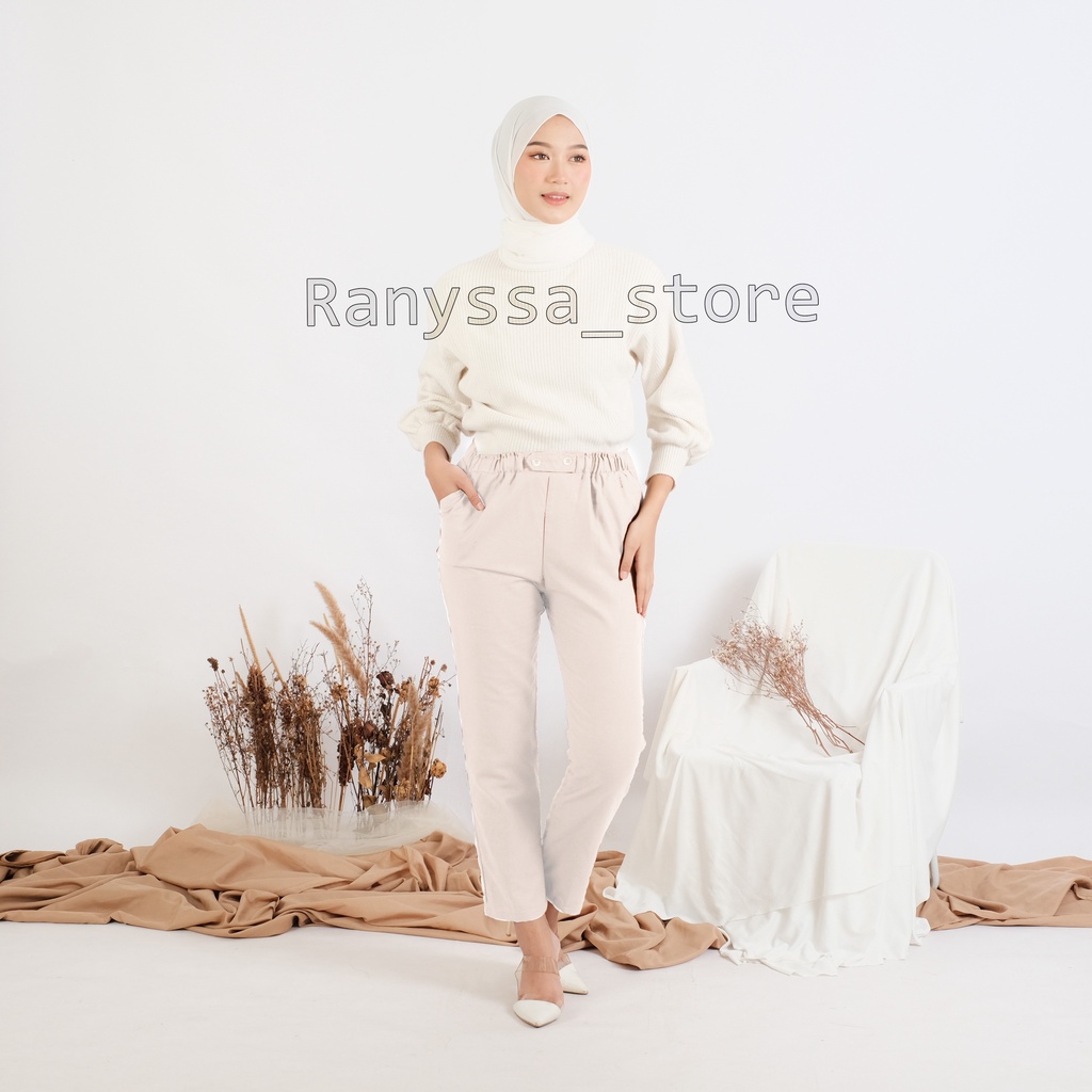 Baggy Pants Wanita Celana Panjang Wanita Bahan Linen Rami Premium Pants Karet Pinggang Celana Kerja Bawahan Wanita Muslim-2