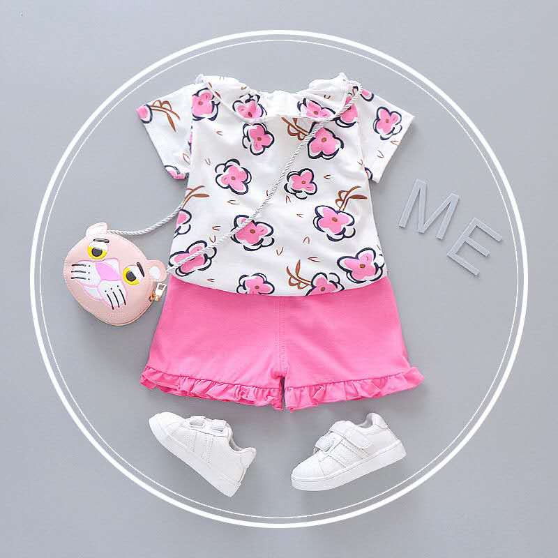 Baju anak cewek setelan perempuan lengan pendek+celana pendek motif bunga import-5