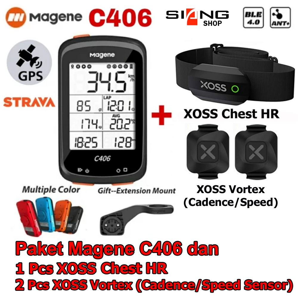 Cyclocomp / Speedometer sepeda MAGENE C406 bundling XOSS CHEST HR dan 2 pcs XOSS VORTEX