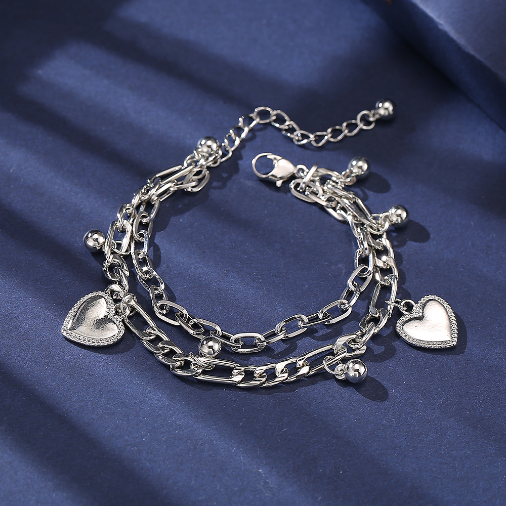 Gelang Multilayer Desain Beruang Salib Hati Warna Silver Gaya Korea Untuk Pasangan