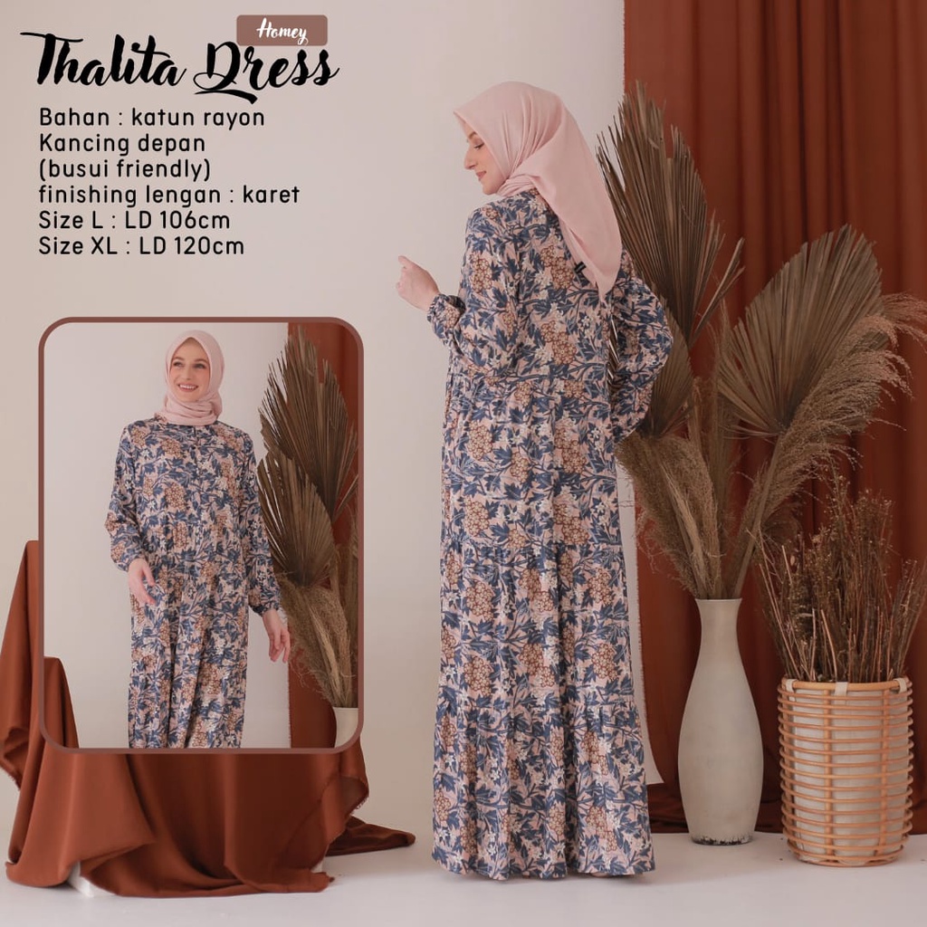 New - Gamis Dewasa Jumbo/Homey Dress Thalita XL-Bahan Katun Rayon Premium Motif Flower-Busana Muslimah Dewasa