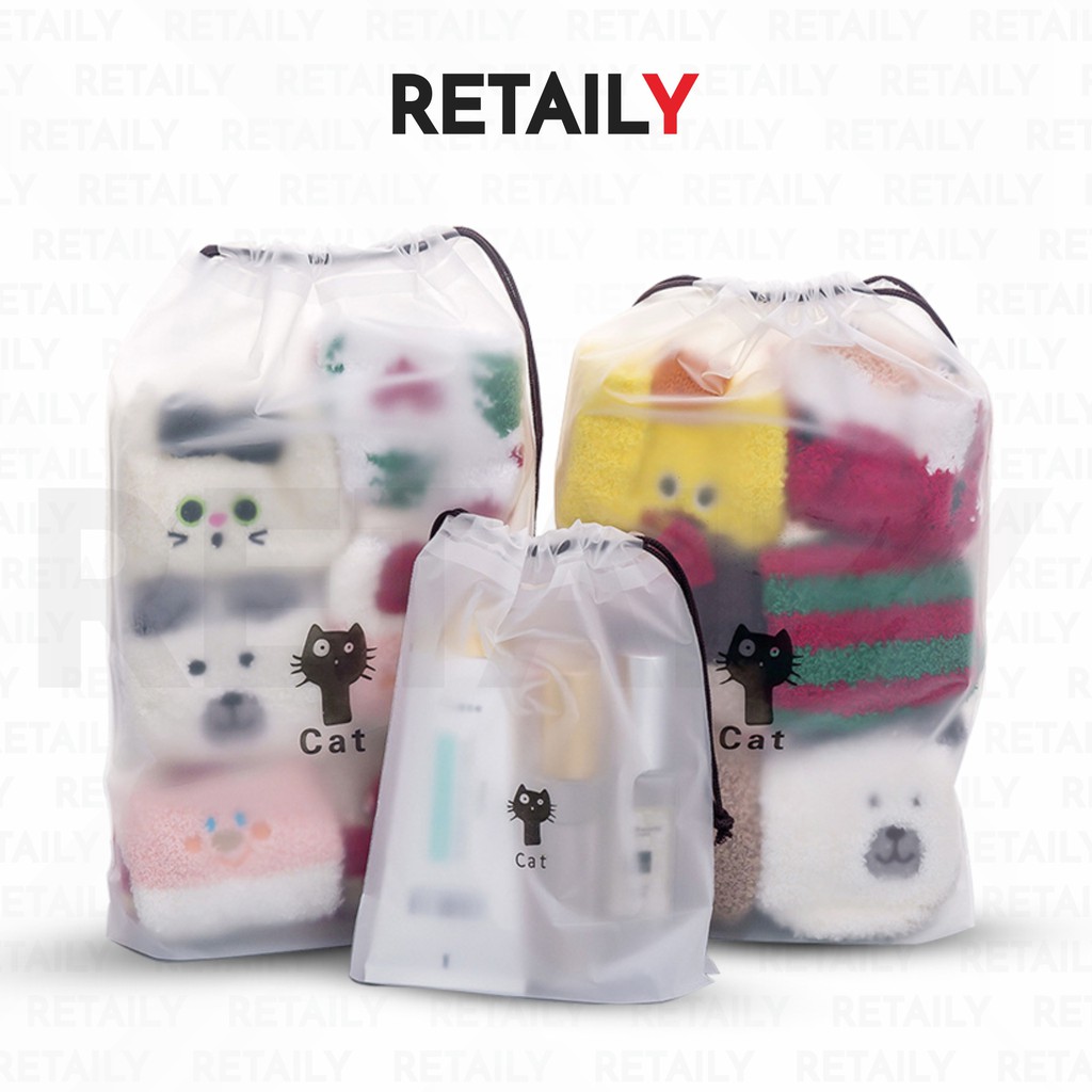 Retaily HL0072 Pouch Transparan Motif Karakter Tas Serut Travel Storage Bag Make Up Organizer Anti Air