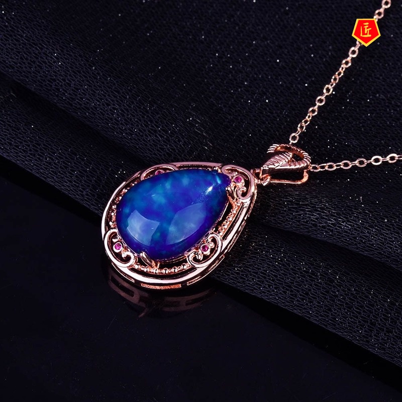 [Ready Stock]Graceful European and American Luxury Blue Amber Rose Gold Necklace for Women