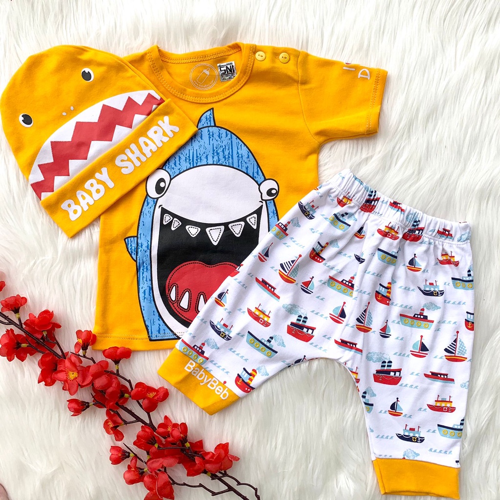 Baju setelan kaos celana topi motif shark hiu bestseller fashion anak bayi laki cowok murah -bab