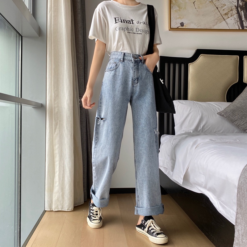 korean new vintage high waist longgar boyfriend celana robek kulot jeans panjang wanita