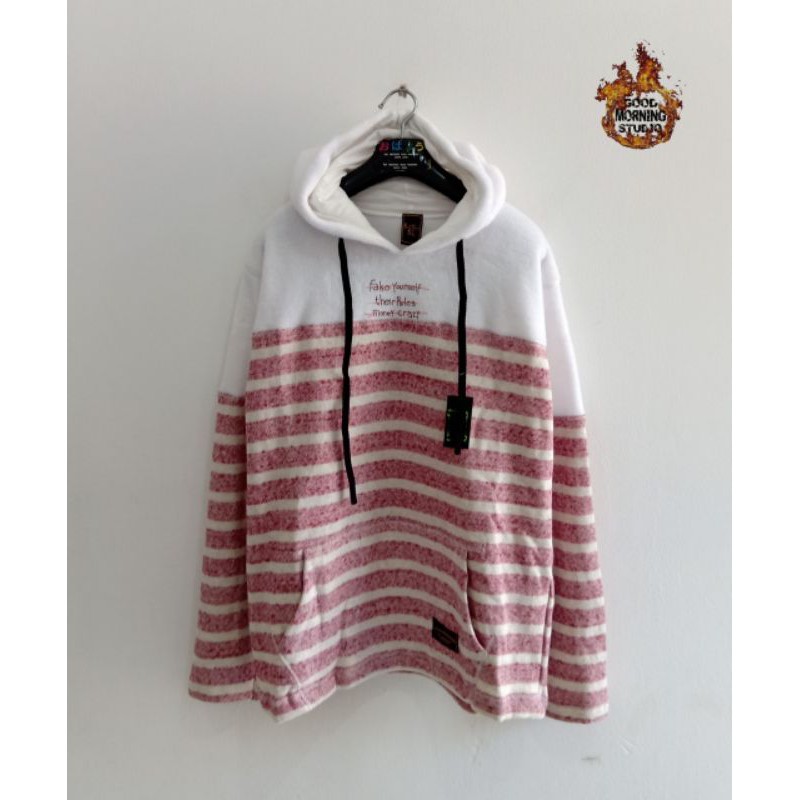 GOOD MORNING SWEATER HOODIE Sweater cewek cowok Sweatshirt putih garis merah sedang seri GM1083