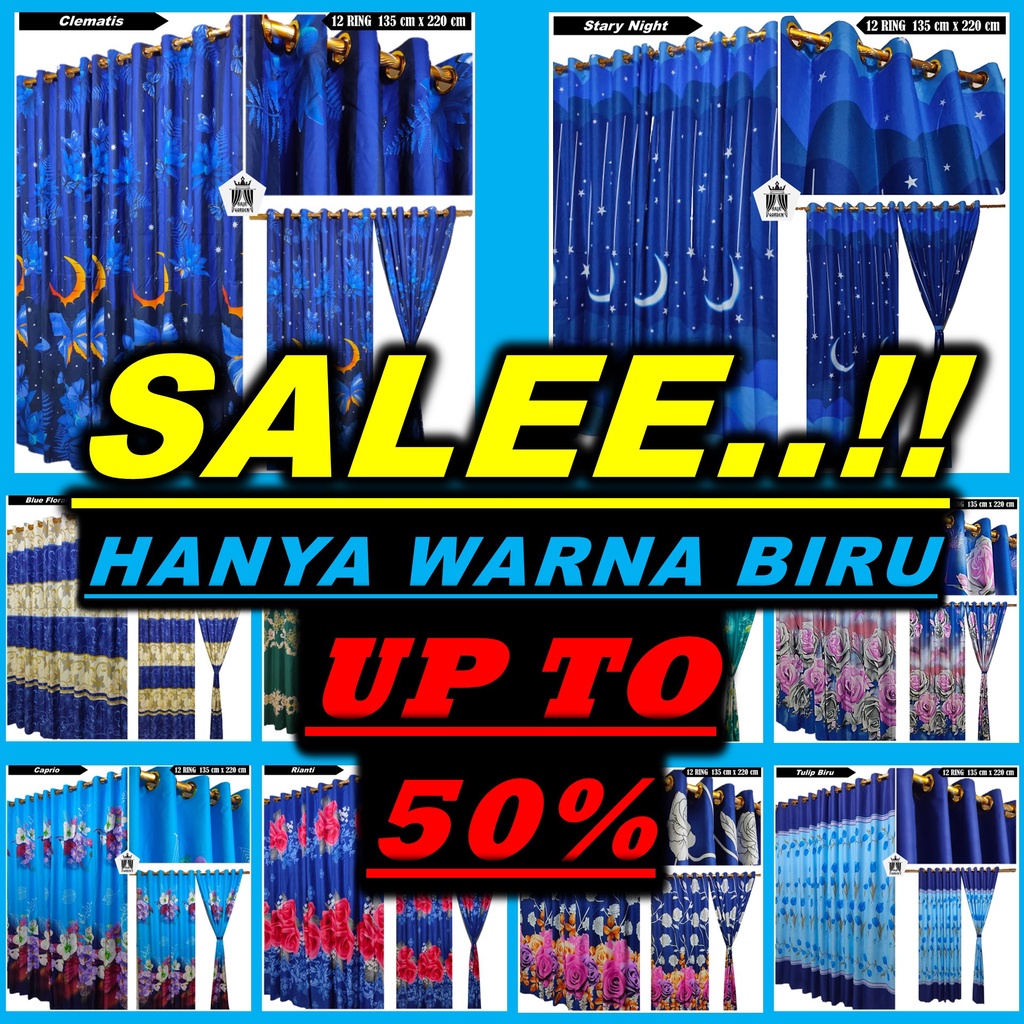 Hordeng Jendela Gorden Pintu Kamar Smokring 12 Ring Motif Bunga Batik Warna Biru Muda Tua Tosca Ukur