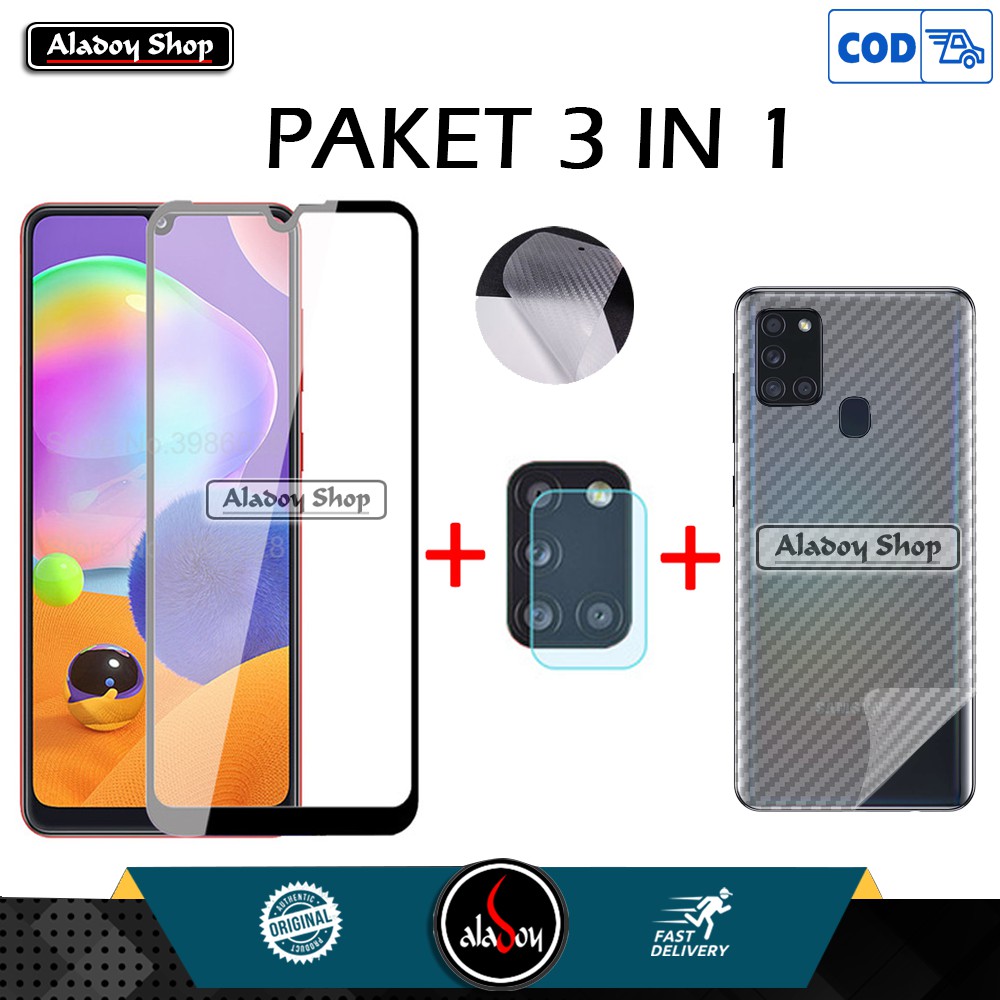 PROMO 3 IN 1 PAKET Tempered Glass Layar SAMSUNG A31 2020 + Tempered Glass Camera + Garskin Carbon