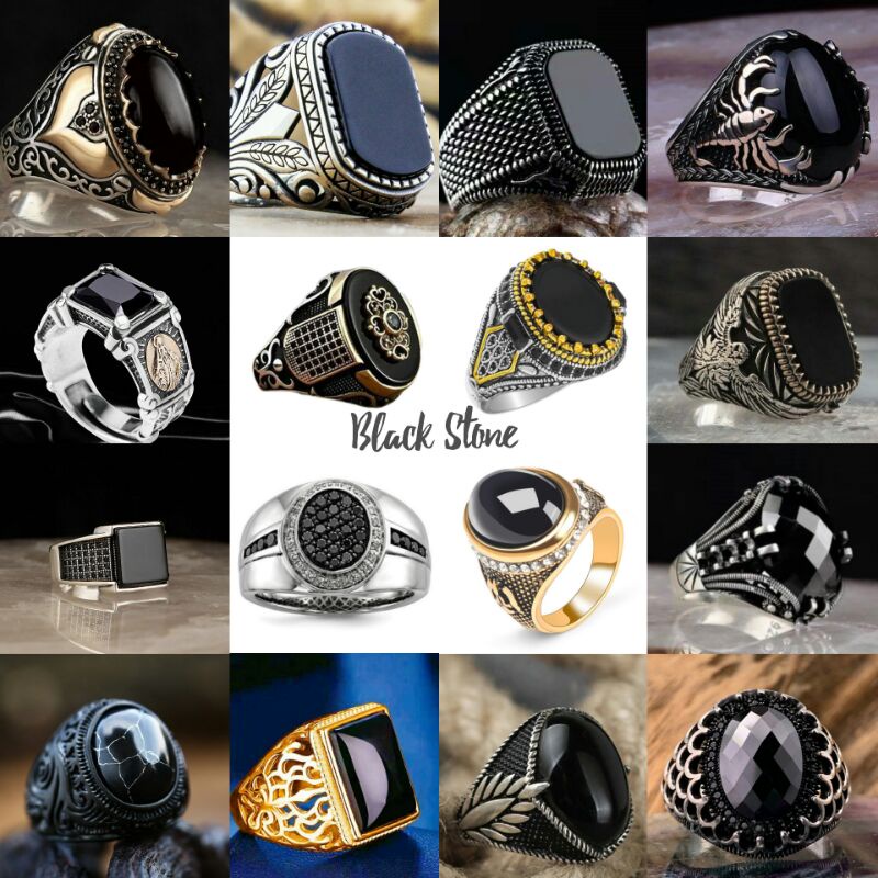 Cincin pria tengkorak punk style men ring black stone series