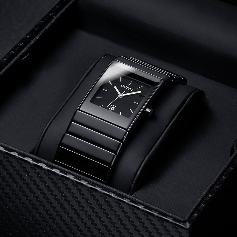 OUPAI Classic Black Squire Ceramic Calendar Dat Watch Tritium Light mens Watch Quartz e Luminous Wat
