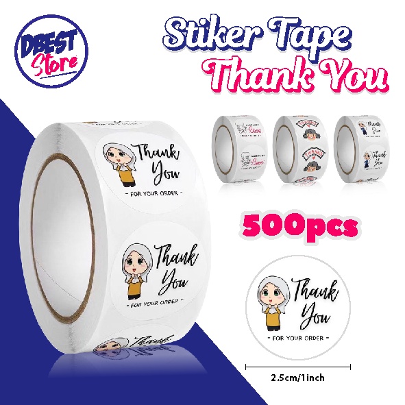 STICKER TAPE CUSTOM THANK YOU 1 ROLL ISI 500 PCS MADE WITH LOVE FOR YOUR ORDER HIJAB 2.5 CM